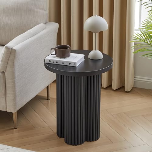 Image of Round Fluted End Table, 17.7'' Mid Century Modern Side Table, Circle Bedside Tables Drink Table Wood Nightstand for Small Spaces, Living Room (Black-1PCS)