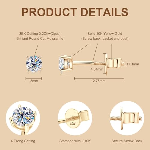 10K Solid White Yellow Gold Stud Earrings for Men, 0.2ct - 4.0ct Solitaire Round Moissanite Earrings with 10K Real Gold Secure Screw Backs Earring Fine Jewelry Gifts for Women Men, D Color VVS12