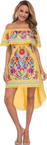 Image of YZXDORWJ Women's Mexican Asymmetrical Dress Embroidered Floral Off-Shoulder Cocktail Latina Fiesta Dress
