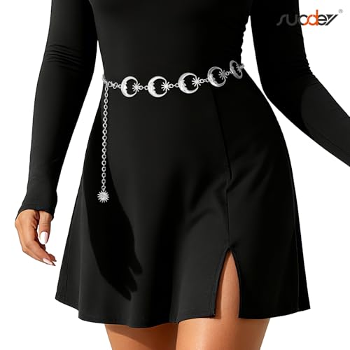 Image of Metal Body Chain Women Girls Belly Waist Chain SUOSDEY Fashion Body Jewelry with Hollow Sun Moon Carving Body Link Belts for Jeans Dresses