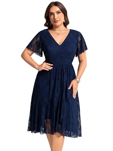 Image of Ever-Pretty Plus Women's Summer V Neck Short Ruffles Sleeves Lace Midi Plus Size Cocktail Party Formal Dresses Navy Blue US20