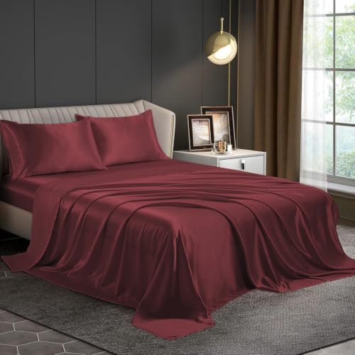 Image of Homestan Satin Bedsheet for King Size Bed with 2 Pillow Covers, Modern Bed Sheet for Romantic Nights(100x108 inches, Maroon)