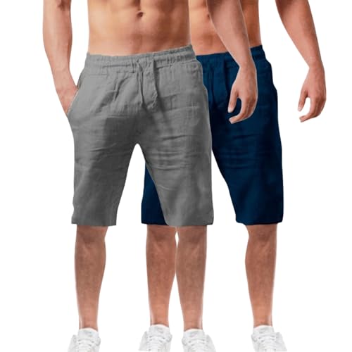 Generic - Lot de 2 shorts de détente pour homme 100 % coton tissé - Short de pyjama en coton et lin - Pantalon de plage confortable - Short de yoga ultra doux - Coupe ample - Short de jogging pour l'extérieur