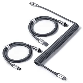 MAMBASNAKE C04 USB-C-Spiralkabel für Mechanische Tastaturen, Custom 2 In 1 Aviator Cable – USB A auf Typ C und Typ C auf Typ C Kabel, Double Sleeved Federladekabel mit 5-Pin Fliegerstecker – Grau