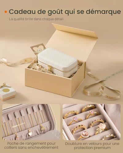 SONGMICS HOME Étui à bijoux de voyage, boîte de rangement à bijoux avec miroir, pochette à bijoux, cuir synthétique tissé gaufré, rangement de bijoux portable, idée cadeau, nuage blanc UJBC197W01 – vue 6