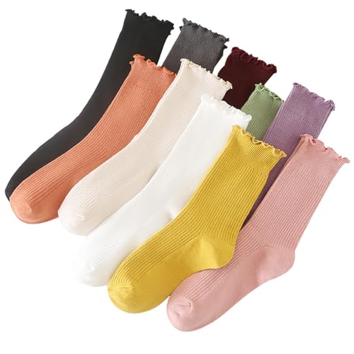 Gellwhu Ruffle Cute Frilly Socks for Women Girl Neutral Aesthetic Boot Slouch Cotton Crew Socks Lettuce Trim Fashion