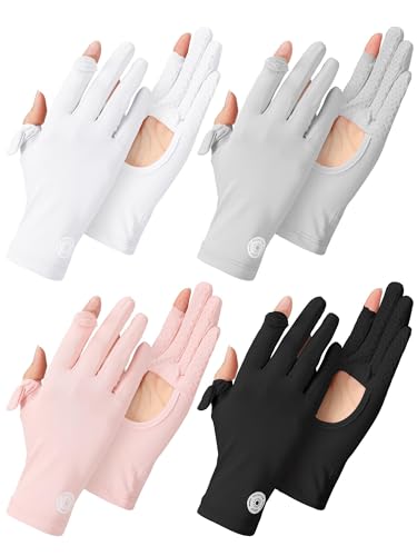 Fourluoo 4 Pairs Women UV Protection Touchscreen Gloves Full Finger Sun Protection Driving Gloves for Summer Outdoor Cycling(Classic Color,Palm Hollow Style)