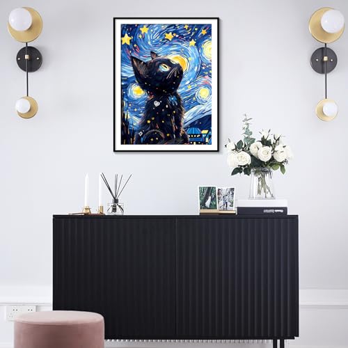 Yunnuo Diamond Art Kits for Adults & Beginners, Diamond Painting Black Cat Starry Night, 5D Full Drill DIY Gem Art Painting, 12x16inch Canvas, Perfect for Holiday Gifts Home Wall Decor — view 4