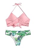 SOLYHUX Women's Floral Halter Wrap Knotted Back Bikini Set Pink S