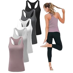 TELALEO 5 Pack Workout Tank Tops for Women Black/Grey/White/Light Grey/Purple S