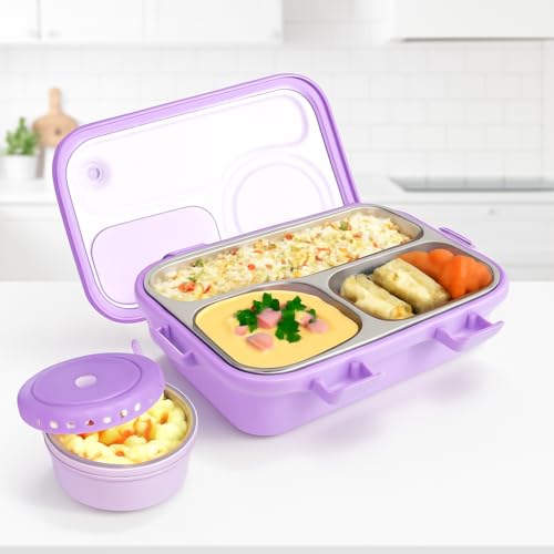 Image of Storio Lunch Box 3 Compartments 750ml | Leak-Proof BPA-Free Stainless Steel Lunchbox for Kids, School & Office | Tiffin Box with Extra Small Container | Durable & Easy to Clean - Purple
