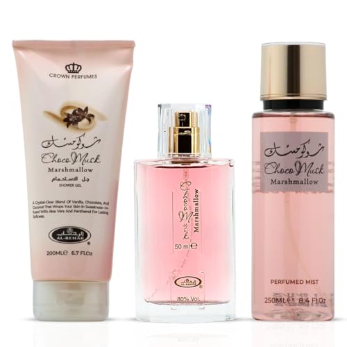 Image of Al-Rehab Choco Musk Marshmallow 3-Piece Gift Set - Eau de Parfum 50ml + Shower Gel 200ml + Body Mist 250ml - Sweet Strawberry & Marshmallow Unisex Collection