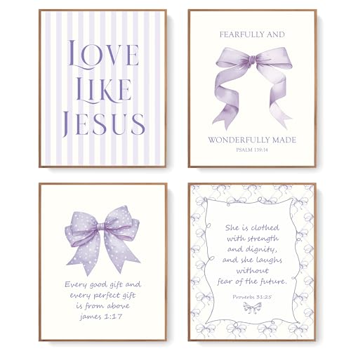LARTSFRO Coquette Purple Bow Jesus Wall Art Decor Posters, Purple Bow Christian Room Bedroom Bathroom Dorm Wall Art Decor Aesthetic for Teen Girls Gifts, Inspirational Bible Verses Bow Wall Decor, 10x8 Inch Set of 4 Bow Pictures (UNFRAMED)