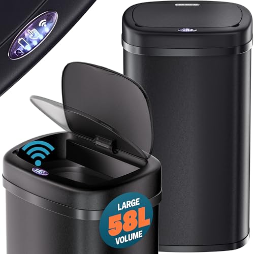 Monzana® 58 Litre Black Rectangular Stainless Steel Automatic Kitchen Bin with Sensor, Soft Close Lid for Kitchen, Bathroom, or as Nappy Bin, Recycling Dustbin and Waste Bins, Home and Kitchen
