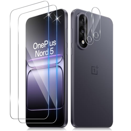 Funrae 2 Piezas Protector de Pantalla para OnePlus Nord 5 5G con 2 Piezas Protector de Lente de Cámara, 0.33MM HD 9H Ultra Resistente Cristal Templado Vidrio Templado
