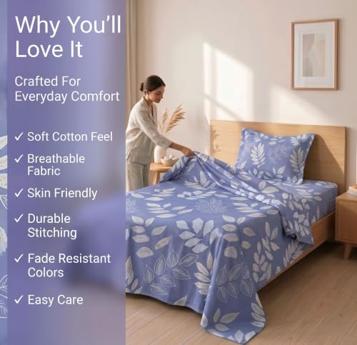 Image of BSB HOME 210 TC Cotton Feel Single Bedsheet with 1 Pillow Cover, Soft & Breathable Floral Printed Bed Sheet, Fade Resistant, Bedding for Home & Bedroom, 60 x 90 Inches (152 x 229 cm) (Serene Blue)