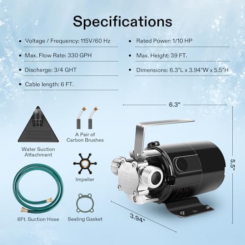 Image of VIVOSUN 115V Water Transfer Pump, 1 /10HP 330 GPH Portable Utility Pump with Water Hose Kit, Ideal for Removing Water from Gardens, Hot Tubs, Rain Barrels, Pools, Ponds, and Aquariums