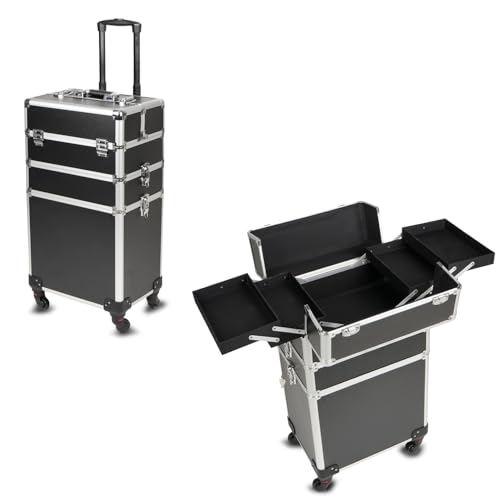 Image of SHAMAX Professional Rolling Makeup Case, Cosmetic Organizer Trolley, Manicure Storage Vanity with Locks for Hairdressers, Salons, Beauty Lovers - 360-Degree Universal Wheels (BS3 /Trolley)