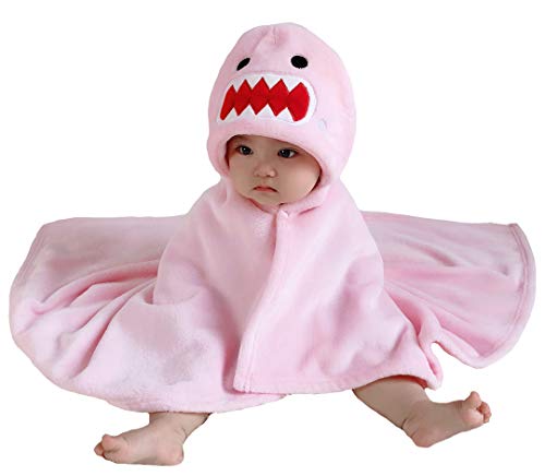 Image of TONWHAR 0-4 Years Toddlers' And Kids' Boys Girls Animal Face Hooded Blanket Baby's Bathrobe,Plush After Bath Blanket(Pink Shark)