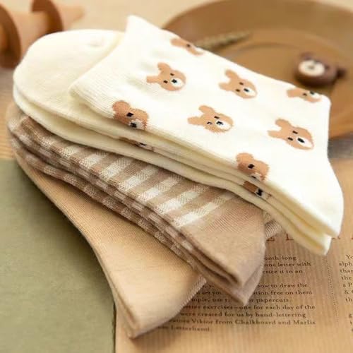 Women's Crew Socks Cute Bear Cat Floral Soft Fancy Socks Gifts for Women 3 Pairs4