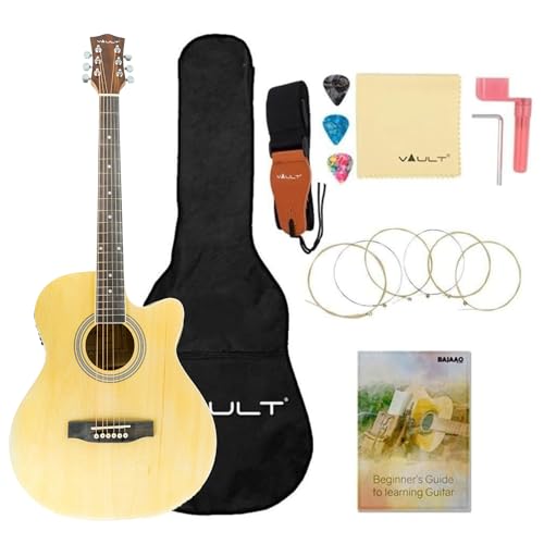 Image of VAULT Basswood EA20CE Electro Acoustic Guitar Kit With Learn To Play E-Book, Bag, Strings, Straps, Picks, String Winder & Polishing Cloth - 40 Inch Cutaway Guitar