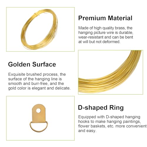 Image of Picture Hanging Wire Kit 2 Roll 10m /32.8Ft Brass Hanger Wire and 30PCS Iron D-Shaped Rings Heavy Duty Hanging Hardware Display Kit for Wall Picture, Exhibition, Art Gallery (Gold)