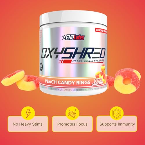 Image of EHP Labs OxyShred Pre Workout Powder - Preworkout Powder with L Glutamine & Acetyl L Carnitine, Energy Boost Drink - Peach Candy Rings, 60 Servings