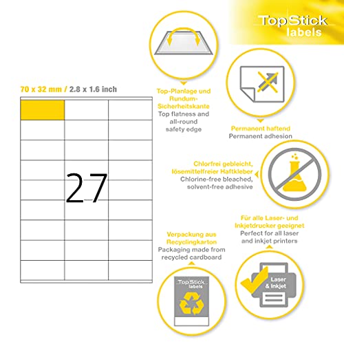 TopStick 8704 Uniwersalne etykiety, 100 arkuszy, 70 x 32 mm, 27 na arkusz A4, 2700 sztuk, samoprzylepne, nadają się do zadrukowania, matowe, nieprzezroczyste naklejki samoprzylepne, białe