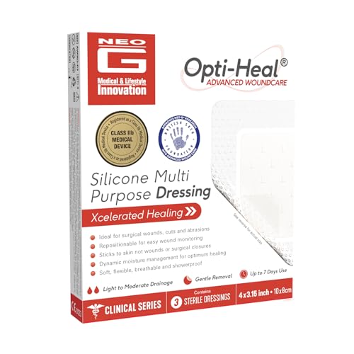 Opti-Heal Silicone Multi Purpose Dressing - Neo G Large Sterile Wound Dressings Adhesive for Surgical Wounds, Cuts, Abrasions, Skin Tears - 10x8 cm 3 Pcs