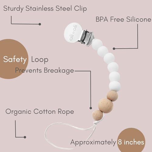 Image of Ali+Oli Silicone Pacifier Clip for Baby (White Wood) 100% Food-Grade BPA Free Newborn Pacifier Holder Infant Binky Clip for Baby Boy or Girl | Food-grade material, Keeps soothers within reach, Secure attachment, Lightweight, Everyday use, Easy cleaning