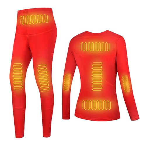 Gueploer Conjunto De Ropa Interior Térmica Eléctrica para Mujeres, Camiseta Y Pantalones Térmicos De 8 Zonas De Calentamiento para Trabajo Al Aire Libre,Rojo,XL