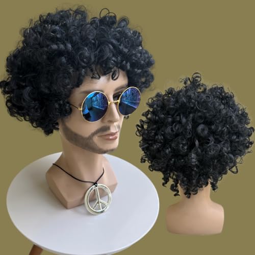 LIONSWIG, Peruca Hippie Afro Retrô colar e óculos festa anos 50 60 70 Cor:Preto