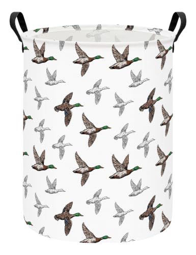 Image of Round Laundry Basket Collapsible Storage Hamper Organizer Mallard Duck | Waterproof Canvas Foldable Baskets with sturdy Handles Multi-scene Organizer for Home Play Bedroom Gift Bin
