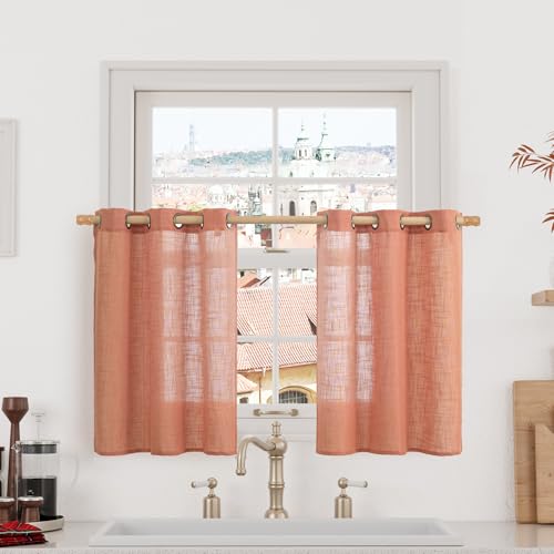Image of LAMIT Small Window Linen Curtains 36 inches Long, Light Filtering Linen Textured Bronze Grommet Soft Semi Sheer Drapes for Half Windows /Bathroom, 2 Panels, Terracotta, 34 x 36 Inch