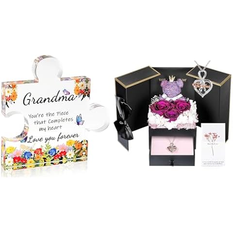 ADDWel Ultimate Grandma Gift Bundle: Preserved Real Roses with Sterling Silver Necklace & Engraved Acrylic Puzzle Block - Unique Birthday, Mother's Day, Christmas Gifts for Grandmother Nana Cover