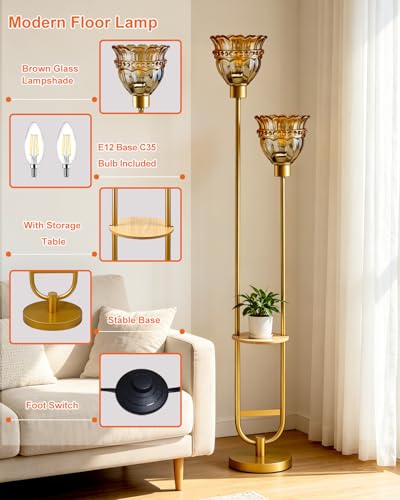 Image of Lightdot 2-Lights Glass Floor Lamp with Table Mid Century Modern Gold Standing Tall Lamps with Amber Glass Shade,LED Floor Lamp with Foot Switch for Living Room Bedroom Home Decor (Bulbs Included)