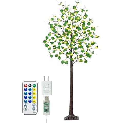 Lighted Eucalyptus Tree - 5FT 90 LED Light Up Eucalyptus Tree with 9 Branches, 180 Leaves, Remote 8 Flashing Modes, Timing, DC 5V Safe, Faux Artificial Lighted Trees for Decoration Inside and Outdoor Cover