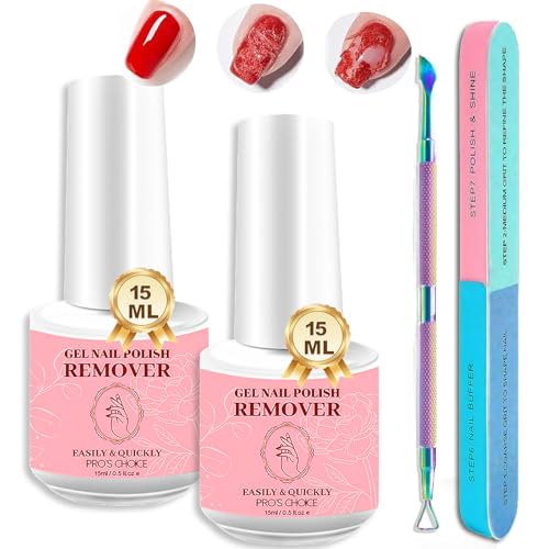 2 Piezas 15ml Removedor Esmalte Permanente, Quita Esmalte Semipermanentes Para Uñas, Nail Remover Quitaesmalte tener Scraper and Pusher, Elimina Fácil e el Esmalte en 3-5 Minutos, Rosa Oscuro