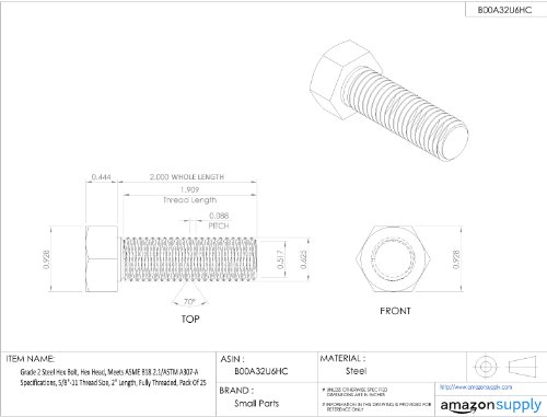 Image of Steel Hex Bolt, Grade 2, Plain Finish, Hex Head, External Hex Drive, Meets ASME B18.2.1 /ASTM A307, 1-1 /2 inch Length, Fully Threaded, 1 /2 inch-13 Threads (Pack of 25)
