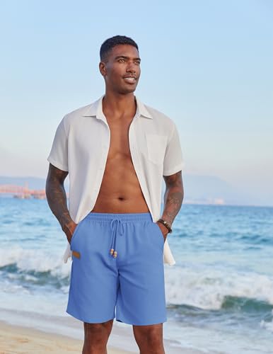 Image of COOFANDY Mens Casual Linen Shorts Elastic Waist Drawstring Loose Fit Summer Beach Vacation Shorts with Pockets