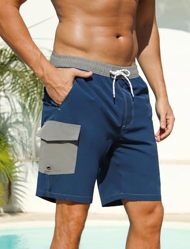 SILKWORLD Mens Bathing Suit Swim Trunks with Compression Liner Mens 2 in 1 Quick Dry 9 Inch Shorts Navy Blue L — view 3