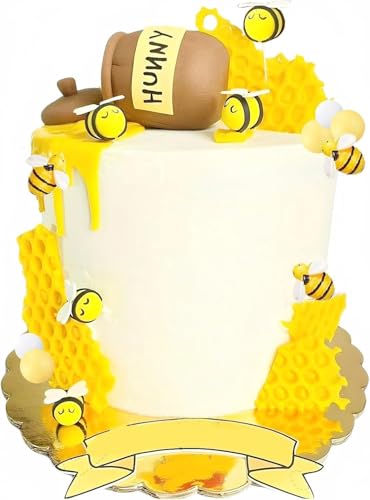 Honey Jar Cake Topper, Qoadwem 25pcs Bee Cake Toppers With Honeycomb Honey Jar And Cover Sunflower Cake Decoration for Baby Shower Birthday Party Supplies