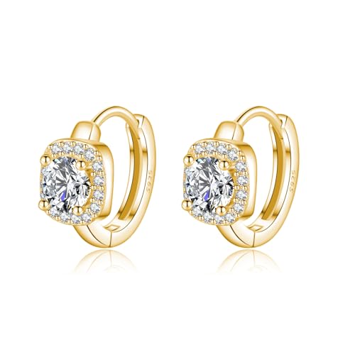 SLUYNZ 925 Sterling Silver Halo Simulated Diamond Hoop Earrings for Women Teens Sparkly CZ Huggie Earrings Square Cubic Zirconia Hoop Earrings
