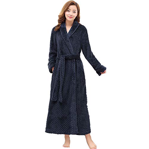 Womens Long Robe Soft Warm Fleece Plush Bathrobe Mens Sleepwear Pajamas Housecoat Nightgown, Navy Blue 2-XL