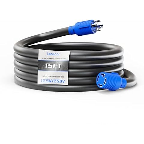 Landnor 30AMP 4 Prong Generator Extension Cord 15FT Heavy Duty 6/3+8/1 Gauge STW Wire, 14-50P Male and SS2-50R Twist Locking Female Generator Cord with Twist Locking for Generator to House Connection Cover