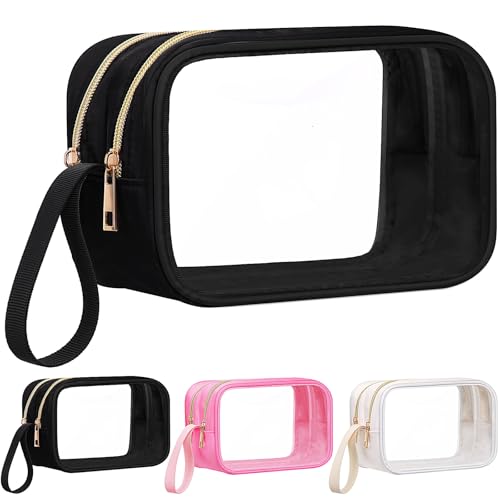 Weewooday Clear Makeup Bag Double Layer Cosmetic Bag Nylon Travel Toiletry Storage Case Waterproof Portable Car Make up Pouch Organizer with Zipper for Women(Black)