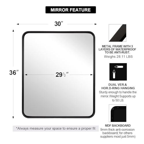 Image of ANDY STAR 30x36'' Bathroom Mirrors for Wall, Matte Black Bathroom Vanity Mirror, Contemporary Rounded Rectangle Mirrors Wall Mounted in Tube Metal Frame, Hang Horizontal /Vertical 1'' Deep