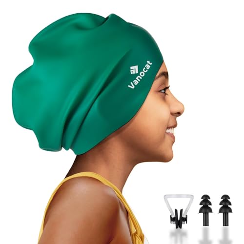 Extra Large Swim Cap for Long Thick Curly Hair & Dreadlocks Braids Weaves Afro Hair - Waterproof Silicone Swimming Caps for Boys, Girls, Children, Youth, Teen (Green)