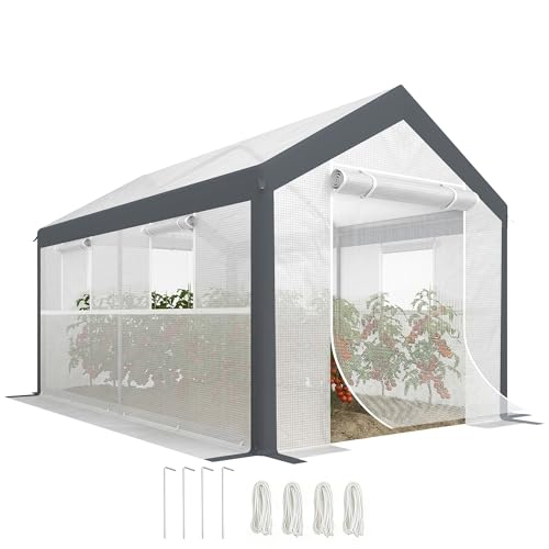 Outsunny 12' x 7' x 7' Greenhouse, Walk-in Outdoor Tunnel Green House with PE Cover, Steel Frame, 2 Roll-Up Zipper Doors & 4 Windows for Flowers, Vegetables, Tropical Plants, White