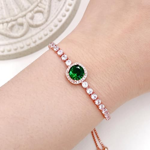 Image of Rose Plated Gold Brass Box Chain Cubic Zirconia Classic Tennis Slider Adjustable Bracelet, Round Big Zircon Charm Give Woman Mom Mother's Day Fashion Crystal Gift